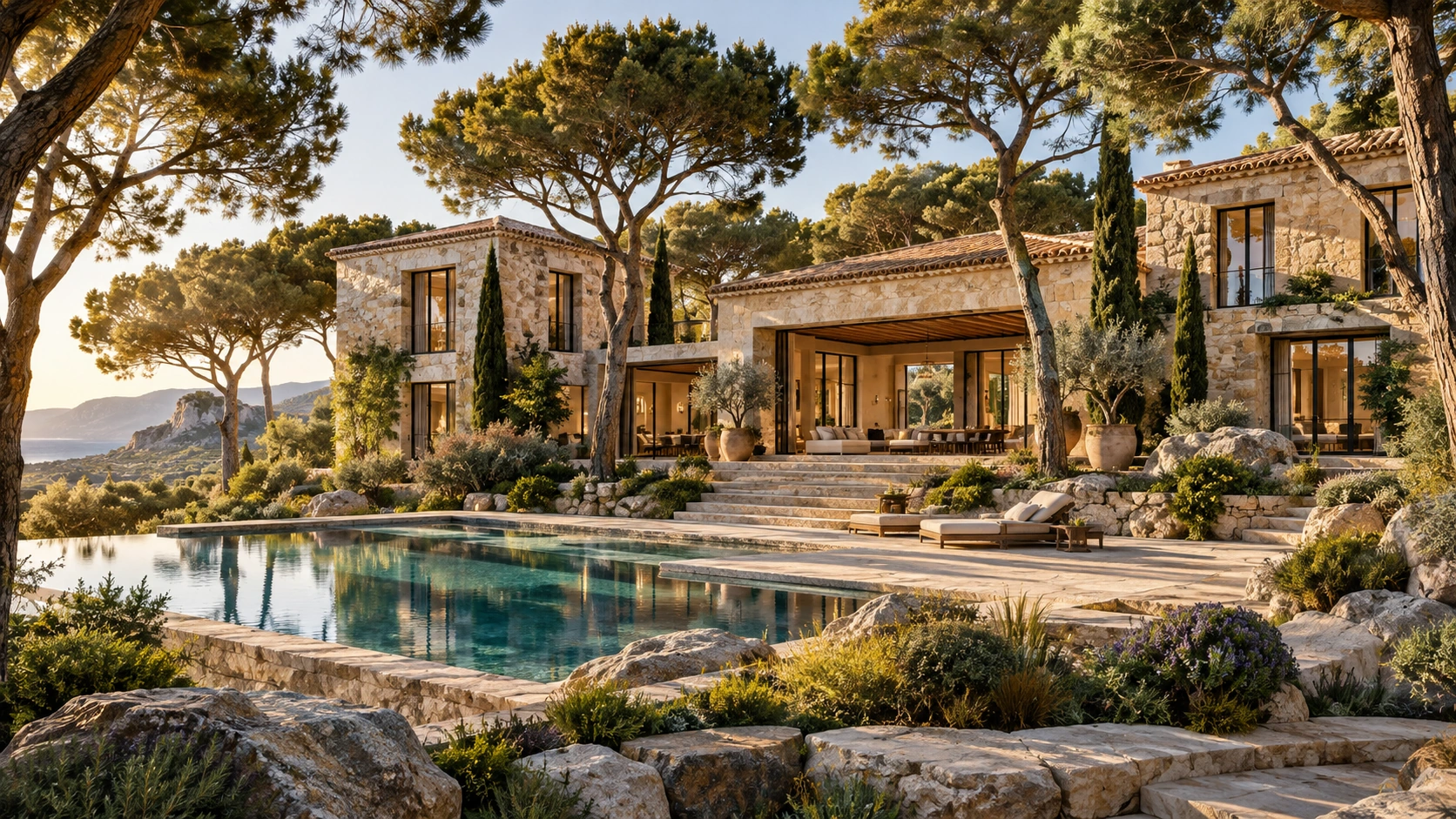 AI-generated illustration of Maison des Pins. Fictional, not commercially available.